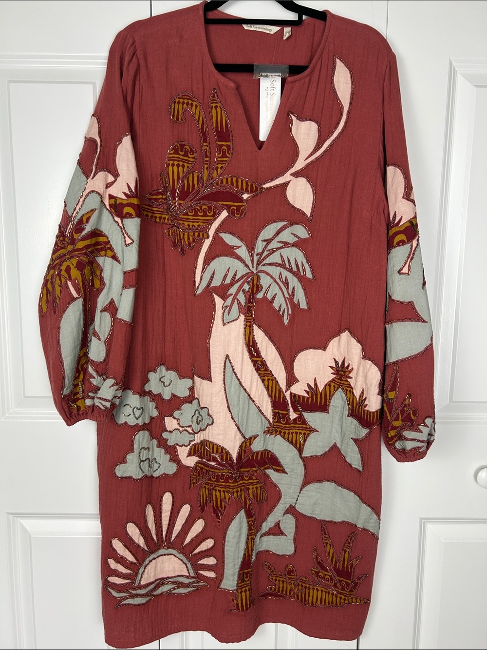 Soft Surroundings tropical-embroidered long-sleeve shift dress Size Large